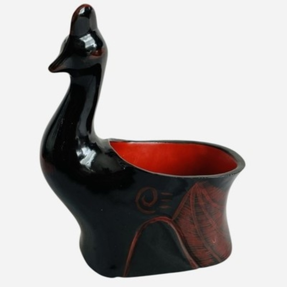 Vintage Black Red Lacquered Wood Swan Container Vase Bowl Handmade 6โx7โ